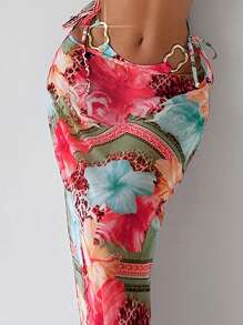 Bonvoyette 3 件套女士印花三角形比基尼上衣，带颈链装饰，迷你裙套装 - 玫瑰紅 - 查看 5