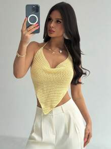 SHEIN Privé Camiseta de punto ajustada con cuello de halter y nudo - Amarillo - Ver 4