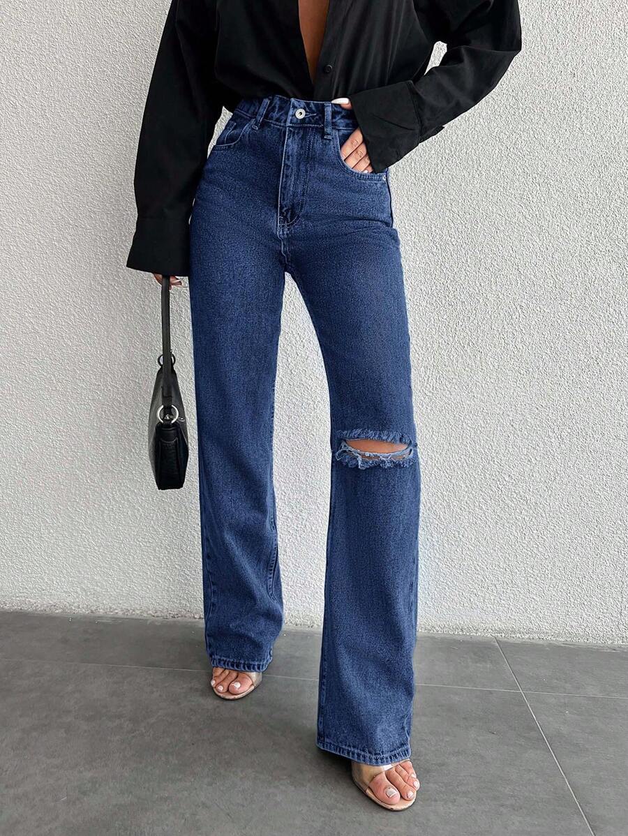 RueChic Women's High Waisted Ripped Jeans - Dark Wash - View 1