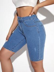 SHEIN PETITE 女款簡約彈性修身百搭牛仔百慕達短褲，適合外出與日常穿著 - 中等水洗藍 - 查看 6