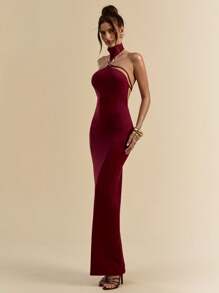 SHEIN BAE Váy suông hở lưng màu đỏ rượu vang, dây buộc ôm sát gợi cảm, váy liền thân thanh lịch, váy hở lưng không tay trang trí kim loại, váy dài đi biển cho kỳ nghỉ - Màu Đỏ Sâu - Xem 5