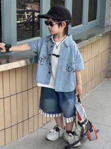 Dazy Kids Toddler Boys' Turndown Collar Printed Short Sleeve Denim Shirt