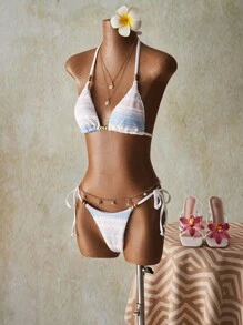 SHEIN ICON Bộ bikini gợi cảm kẻ sọc buộc dây đi biển mùa hè cho nữ - Nhiều màu - Xem 8