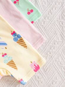 3 件套女婴可爱数码印花冰淇淋和纯色/数码樱桃连体衣短袖拉链连体衣配短裤，适合春夏季的舒适休闲装 - 彩色 - 查看 6