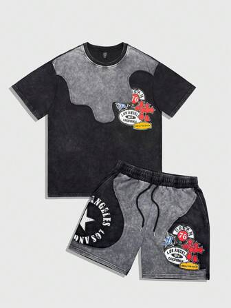 Street Life Herren Set aus Grafik-Muster Rundhals T-Shirt und Shorts mit Kordelzug, lässige Sportbekleidung