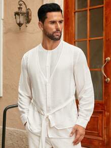 SIGLOCORE Men's Loose Design Tie-Up Long Sleeve Shirt With Layered Look, Spring/Summer Men Resort Wear - White - View 7