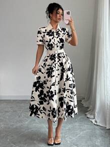 Elenzga 女式印花束腰度假优雅连衣裙，夏季 - 杏色 - 查看 4