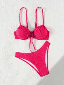 SHEIN Set de 2 piezas de bikini de verano con sujetador con copa suave y con lazo, y bragas de corte alto, conjunto de bikini sexy - Rosa Fucsia - Ver 5