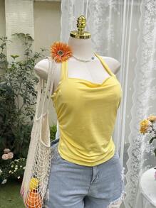 Comfortcana Plus Size Women's Casual Solid Color Ruched Halter Top, Summer - Yellow - View 5