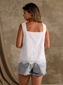 Roveilla Parte superior suelta de chaleco de algodón con cuello cuadrado, bordado de red y con adorno de concha para mujeres de talla grande en verano