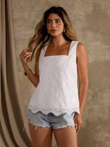 Roveilla Parte superior suelta de chaleco de algodón con cuello cuadrado, bordado de red y con adorno de concha para mujeres de talla grande en verano