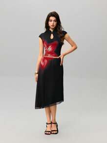 SHEIN MOD 传统中式黑色旗袍上衣和裙子套装，时尚夏季穿着 - 黑色 - 查看 3