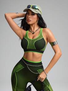 Innovista Women's Contrast Mesh Hollow Cross Back Sports Bra - Green - View 7