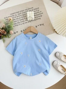 SHEIN LMoss Kids Áo thun cổ tròn rộng rãi thêu họa tiết cho bé gái - Màu xanh lam - Xem 4