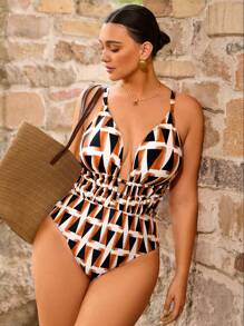 Swim Chiccia 加大码几何印花连体泳衣，适合海滩度假 - 彩色 - 查看 1