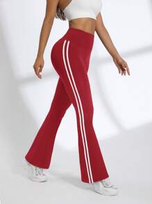 SHEIN Sports 女式撞色条纹修身喇叭运动裤 - 紅色 - 查看 3