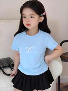 Tween Girl Casual Sweet Daily Crew Neck Short Sleeve Fitted Cropped Asymmetric Hem Bow Print Versatile T-Shirt, Summer - Blue - View 3