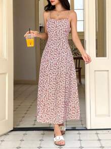 SHEIN EZwear Women's Ditsy Floral Chiffon Casual Sleeveless Dress, Summer Women Summer Clothing Women Casual Dress Women Birthday Outfit,Dresses For Women Summer - Pink - View 3