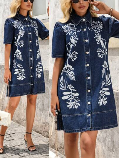 SHEIN PETITE Women's Floral Print Lapel Single-Breasted Casual Everyday Denim Dress