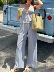 Vivid Eden 2 件套女士露背条纹上衣和裤子，夏季时尚 - 藍色 - 查看 7