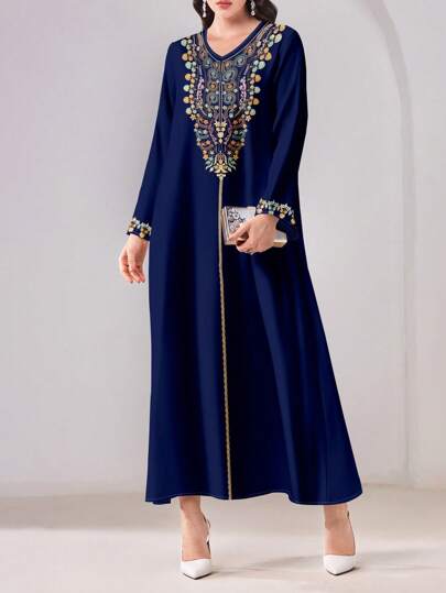 Al Najma V-Neck Floral Print Long Sleeve Casual Modest Arabic Dress