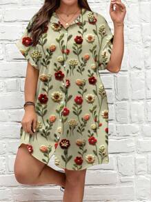 SHEIN LUNE 大码女式超长衬衫裙，带 3D 数码花卉印花 - 卷起袖子修身设计（非刺绣）