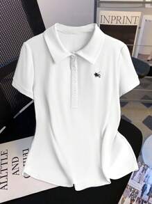 粉色女式刺绣休闲短袖上衣 - 白色 - 查看 4