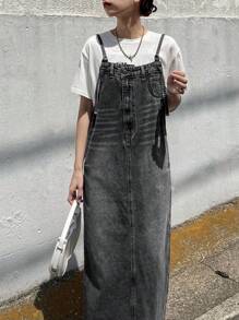 FRIFUL 女士直筒牛仔背带裙 - 深灰色 - 查看 3
