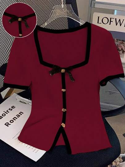 GlowEve T-shirt court à manches courtes en maille ajusté avec bouton métallique, nœud pailleté, col rond coloré, pour vacances d'été (motif aléatoire)