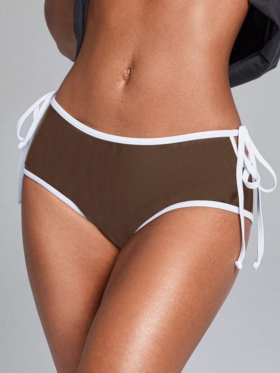 Swim SPRTY Women's Solid Color Contrast Binding Cutout Bowknot Waist Bottoms For Summer Beach Vacation - Brown - View 1