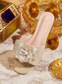 CUCCOO TILAWA Apricot Color Crystal Embellished Flat Sandals, Suitable For Commuting, Dating, Party, Shopping, Vacation And Other Occasions - Apricot - View 2