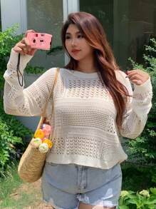 Dazy Plus Sheer Hollow Out Round Neck Long Sleeve Cover Up Cover Up For Women,Spring/Summer Vacation - White - View 4