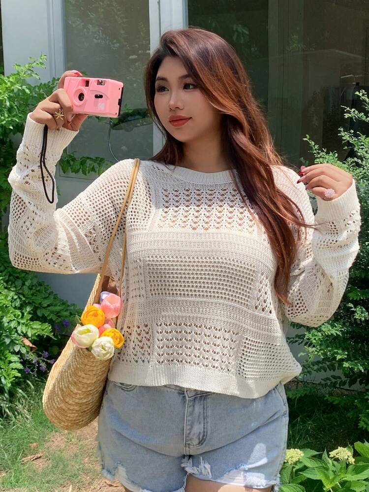 Dazy Plus Áo khoác ngoài tay dài cổ tròn khoét rỗng xuyên thấu dành cho nữ, thích hợp cho kỳ nghỉ xuân/hè. - trắng - Xem 4