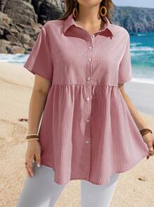 EMERY ROSE Áo sơ mi sọc thường ngày cỡ lớn, đơn giản và thời trang để mặc hàng ngày, mùa hè, quà tặng cho mẹ, phong cách Bohemian, nghỉ xuân, tiệc tùng, đồng quê - Đỏ - Xem 6