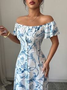 Elenzga Ladies Elegant Print Summer Collar Off The Shoulder Dress - Blue - View 3