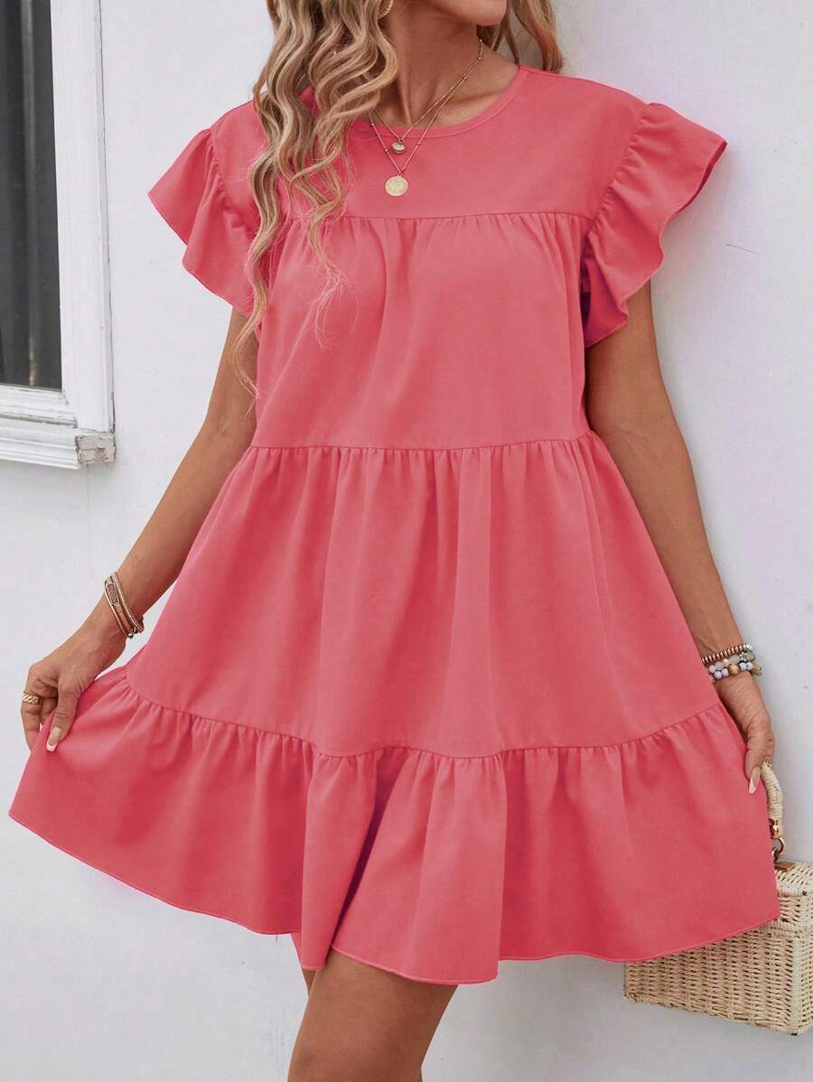 Breezaya Women Summer Solid Color Round Neck Loose Babydoll Dress With Ruffle Trim Vacation Beach Outfit - Watermelon Pink - View 1