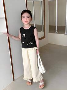 少女可爱圆领无袖3D蝴蝶结刺绣花卉蕾丝上衣搭配松紧腰花卉拼接阔腿裤套装，夏季 - 黑色 - 查看 8