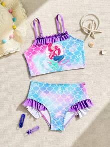 Bikini a stampa di sirena per ragazze giovani, con spalline a spaghetti e design con volant, combinando elementi carini e alla moda