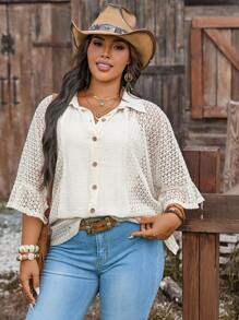 LanaWest Plus Size Apricot Lace Patchwork Ruffle Trim Open Front Casual Shirt - Apricot - View 5