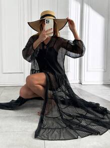 RueChic Robe texturée transparente, motif nid d'abeille, devant boutonnage, style manches longues, détail de jupe à volants, tissu semi-transparent, collection du soir, matériau de qualité supérieure, design pour porter en soirée, coupe moderne, mode romantique, parfait pour les événements du soir, look élégant, mode contemporaine, pièce phare, article de mode, tenue de soirée de luxe, indispensable saisonnier, style pour occasions spéciales, design sophistiqué