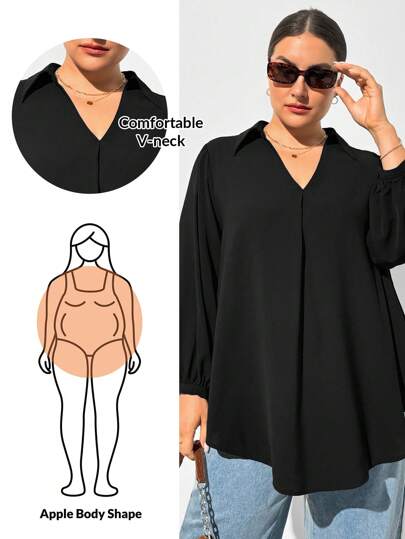 SHEIN Essnce Plus Size Women's Autumn And Winter Casual Loose And Comfortable V-Neck Black Long-Sleeved Shirt,Fall Women Clothes,Women Blouse,Curv Tops,Old Money,Black Top,Business Casual Women,Office Wear Women,Women Costumes,Women Tops, Homecoming,Teacher,Work Tops