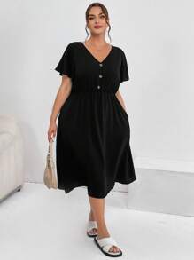SHEIN Essnce Women's Plus Size Summer Casual Vacation Waist V-Neck Short-Sleeved Pocket Black Conservative Dress