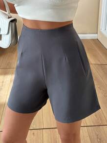 SHEIN Cottnline Women Solid Color Pocket And Zipper Detailed Grey Color Shorts Women Short Outfits - Grey - View 4