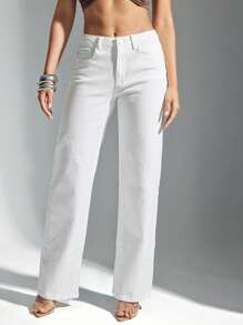 Denimoi 纯色夏季直筒白色牛仔裤 牛仔裤 经典版型牛仔裤 直筒牛仔裤 夏季牛仔裤 度假牛仔裤 欧洲夏季 - 白色 - 查看 5