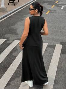 SHEIN EZwear 大码女式纯色简约无袖上衣和裙子两件套西装