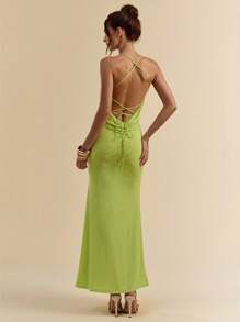 SHEIN BAE 夏季海滨度假女士露背绿色亮片网眼优雅鱼尾长裙 - 綠色 - 查看 2