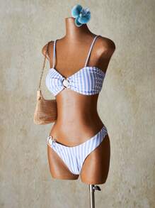 SHEIN ICON 女士夏季沙滩金属环装饰条纹比基尼套装 - 藍白色 - 查看 3