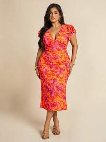 SHEIN BAE Đầm Maxi Không Tay Cổ Chữ V Thêu Hoa Màu Trắng Thanh Lịch Thường Ngày Cho Nữ Size Lớn Xuân/Hè Có Viền Đuôi Cá, Đầm Maxi Dệt Kim Lưới, Đầm Đi Biển Đi Nghỉ, Đầm Maxi Dệt Kim Co Giãn Xẻ Tà Cao Bên Hông - trái cam - Xem 3