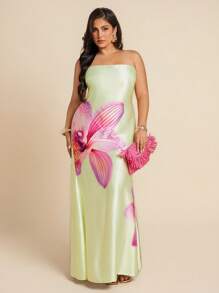 SHEIN BAE Plus Size Women Satin Print Open Back Dress, Spring/Summer,4th Of July Curve,Beach Outfit For Women,Airport Outfit Women,Festival Outfits Women,Graduation ,Women Summer Clothes,Going Out Tops Women,Rave Outfits,Club Outfits Women Sexy,Birthday Outfits For Women,Holiday Outfits,Wedding Guest Dress Women,Graduation Dress,Yellow Butter,Summer Dresses For Women - Apricot - View 4