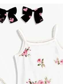 SHEIN Vestido de tirantes ajustado con estampado floral y de ositos, de color rosa, ideal para el verano, para bebé niña - Multicolor - Ver 5